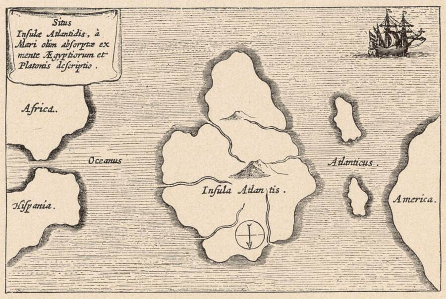 Atlantis shown on the Athanasius Kircher’s map in 1665.