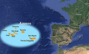 Azores Islands chain of 9 volcanic islands between the tectonic plates of the North American, Eurasian and African continents