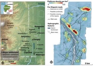 Left: Map of the Middle Upano with five major settlements and 10 secondary sites (m a.s.l. = meters above sea level). Right: Map of pre-Hispanic dug roads. (Rostain et al., Science, 2024)