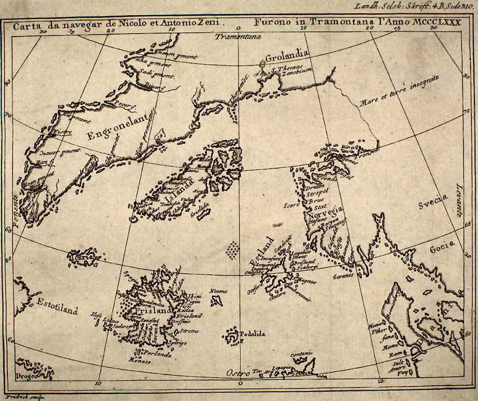 A high-resolution scan of the Zeno Map showing Frisland, Greenland, and the North Atlantic.