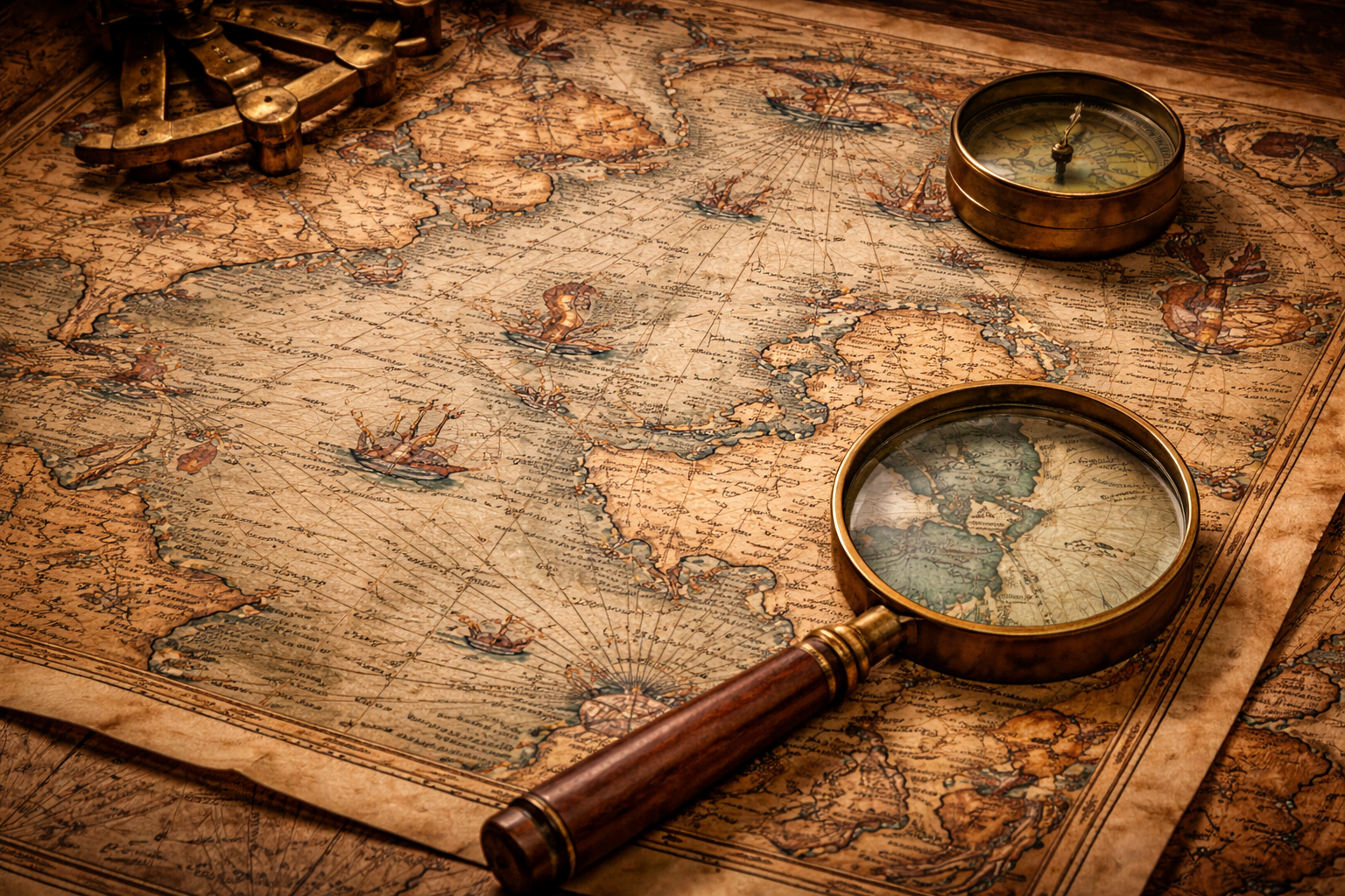 High-resolution detail of the Piri Reis map with antique tools