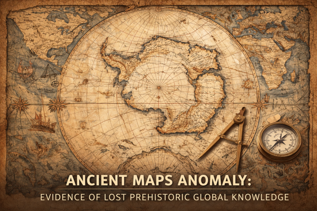 ancient maps anomaly showing prehistoric world map with Antarctica