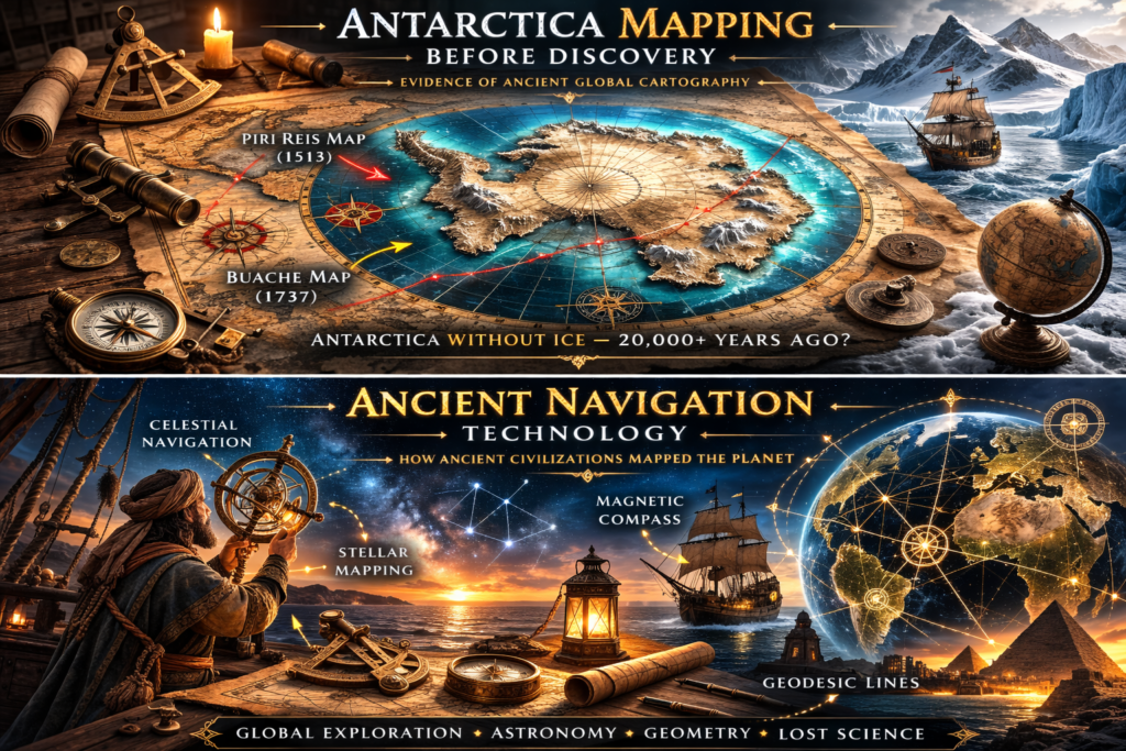 Antarctica mapping ancient world map showing ice-free continent