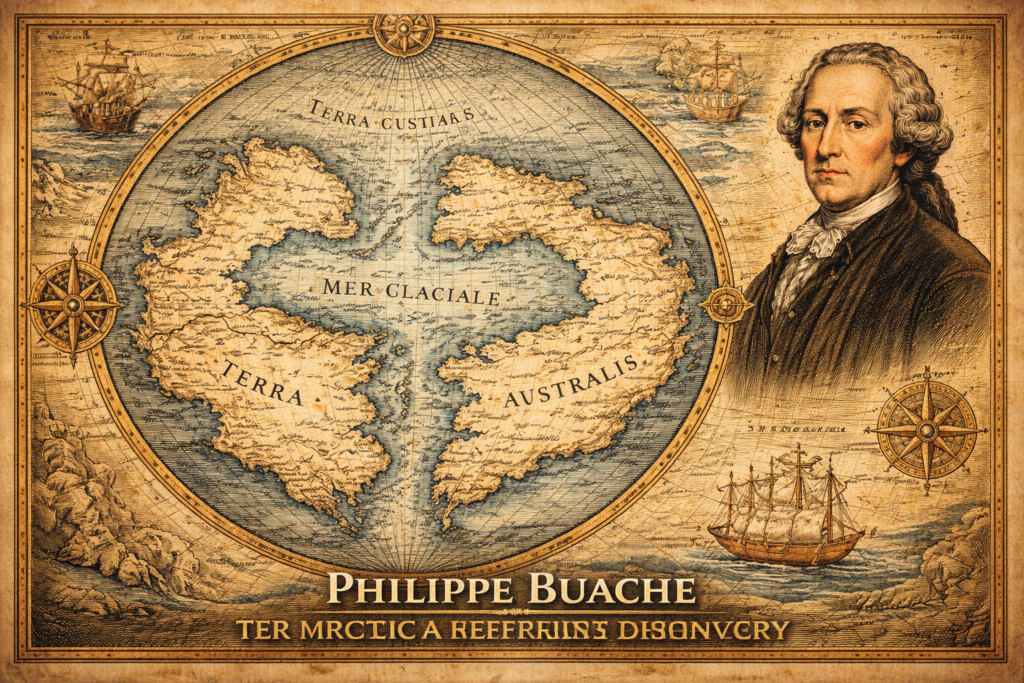Eighteenth-century style world map showing a divided Antarctic continent with portrait of Philippe Buache beside the map.