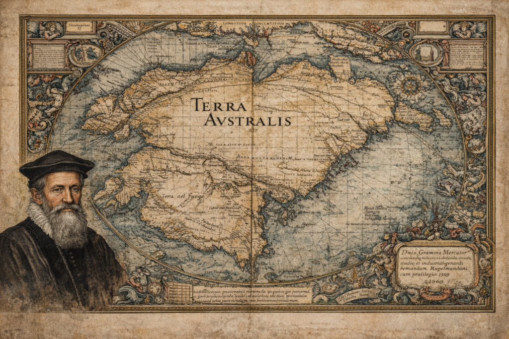 Gerardus Mercator’s 1569 map showing Terra Australis/Antarctica with his portrait on the left side, in a historical aged paper style.