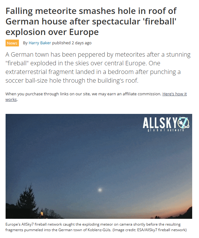 Meteorite hits house Germany after bright fireball seen across Europe